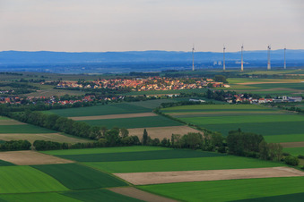 Village view from the west in front of the wind farm in Dorn-Dürkheim in the state Rhineland-Palatinate, Germany
