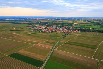 Aerial photograpy of Village view from the north in front of the wind farm in the district Abenheim in Worms in the state Rhineland-Palatinate, Germany