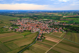 Oblique view of Village view from the north in front of the wind farm in the district Abenheim in Worms in the state Rhineland-Palatinate, Germany