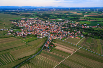 Village view from the north in front of the wind farm in the district Abenheim in Worms in the state Rhineland-Palatinate, Germany from above
