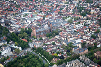 Aerial view of Imperial Cathedral of St. Peter in Worms in the state Rhineland-Palatinate, Germany