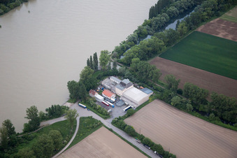Aerial view of Freight forwarding on the Rhine in Worms in the state Rhineland-Palatinate, Germany
