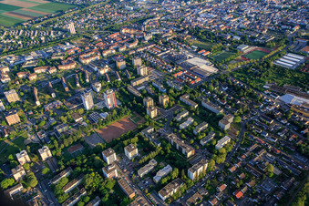 Aerial view of Residential areas on both sides of Mahlastr in Frankenthal in the state Rhineland-Palatinate, Germany