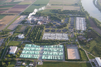 BASF wastewater treatment plant in the district Mörsch in Frankenthal in the state Rhineland-Palatinate, Germany seen from above