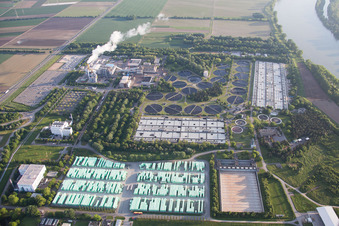 BASF wastewater treatment plant in the district Mörsch in Frankenthal in the state Rhineland-Palatinate, Germany from the plane