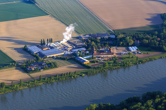 Aerial view of Intersnack Deutschland SE plant in Petersau on the banks of the Rhine and Carlo von Opel riding school at the Demeter Hofgut Petersau in the district Mörsch in Frankenthal in the state Rhineland-Palatinate, Germany