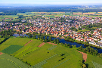 Aerial view of Steinheimer Straße on the banks of the Main in Seligenstadt in the state Hesse, Germany