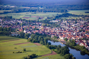 Aerial photograpy of Town on the banks of the river of the Main river in Seligenstadt in the state Hesse, Germany