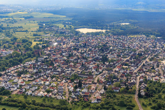 Aerial view of City overview from the west in front of the Nachtweidesee in Kahl am Main in the state Bavaria, Germany