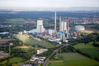Aerial view of Building remains of the reactor units and facilities of the gas power plant Kraftwerk Staudinger in Grosskrotzenburg in the state Hesse, Germany