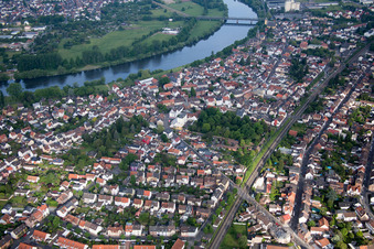 Village on the banks of the area of the Main river - river course in Hanau in the state Hesse, Germany
