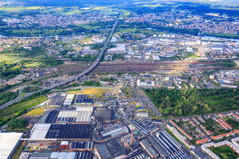 Industrial area Industrieweg in front of the bridge of the B43a over the railway tracks with Geis Tyre Logistics GmbH Hanau and Goodyear Germany in Hanau in the state Hesse, Germany
