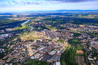 City overview from the east on the Main in the district Kesselstadt in Hanau in the state Hesse, Germany