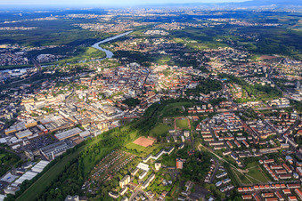 City overview from the east on the Main in the district Hanau-Altstadt in Hanau in the state Hesse, Germany