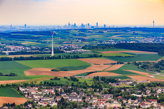 Aerial view of Skyline of Frankfurt am Main from the east of Bruchköbel in the district Dornbusch in Frankfurt am Main in the state Hesse, Germany