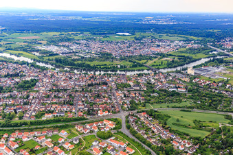 Aerial photograpy of City view on the Main beyond Auheimer Straße from the north in the district Großauheim in Hanau in the state Hesse, Germany