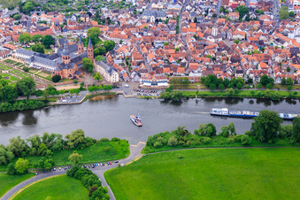 Oblique view of Main ferry "STADT SELIGENSTADT" at the monastery Seligenstadt in Seligenstadt in the state Hesse, Germany