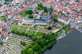 Aerial view of Church building Einhardbasilika in Seligenstadt in the state Hesse, Germany
