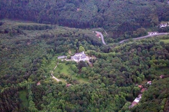 Tannenberg Castle Ruins in Seeheim-Jugenheim in the state Hesse, Germany seen from above