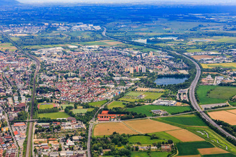 City overview from the north between railway and A5 motorway in the district Auerbach in Bensheim in the state Hesse, Germany