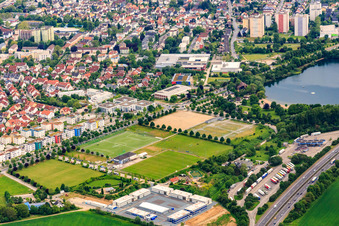 Aerial view of Tank & Rast rest area Bergstrasse and container settlement for refugees and asylum seekers in Bensheim in the state Hesse, Germany