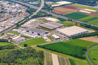 Alnatura distribution center on the A67 from the east in Lorsch in the state Hesse, Germany