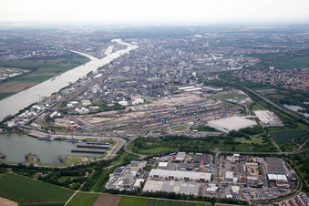 District BASF in Ludwigshafen am Rhein in the state Rhineland-Palatinate, Germany seen from above
