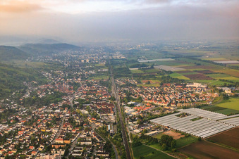 Aerial view of Railway line to S and plastic greenhouses for strawberries of the asparagus and fruit farm Wendel in the district Sandwiese in Zwingenberg in the state Hesse, Germany