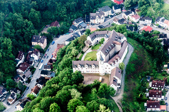 Aerial view of Building complex in the park of the castle Schoenberg in the district Schoenberg in Bensheim in the state Hesse, Germany