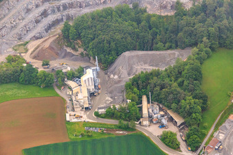 Aerial photograpy of Röhrig granit GmbH quarry in the morning mist in the district Sonderbach in Heppenheim in the state Hesse, Germany