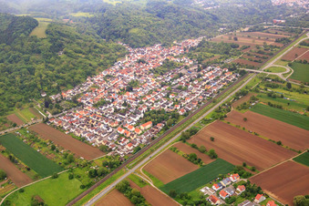 Village view on the edge of the Odenwald in the morning from the northwest in the district Sulzbach in Weinheim in the state Baden-Wuerttemberg, Germany