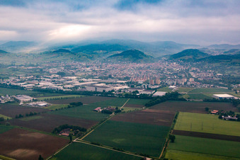 Aerial view of Mountains on the edge of the Odenwald in morning mist in Heppenheim in the state Hesse, Germany
