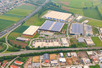 Alnatura distribution center, Müller - Die lila Logistik SE and Caterpillar GmbH Logistics Center on the A67 from the east in Lorsch in the state Hesse, Germany