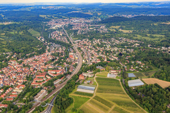 City view from the west in the district Grötzingen in Karlsruhe in the state Baden-Wuerttemberg, Germany