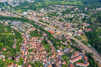 Aerial view of Eisenbahnstraße from the west in the district Grötzingen in Karlsruhe in the state Baden-Wuerttemberg, Germany