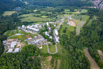 Aerial view of Building complex of the Institute Fraunhofer-Institut fuer Chemische Technologie ICT in Pfinztal in the state Baden-Wurttemberg, Germany