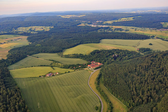 Aerial view of Hofgut Distillery Langenzell in the district Langenzell in Wiesenbach in the state Baden-Wuerttemberg, Germany