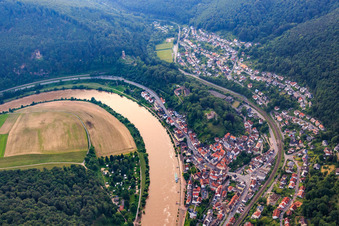 Aerial view of Village view on the banks of the Neckar with Vorderburg and Mittelburg in Neckarsteinach in the state Hesse, Germany