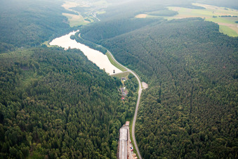 Oblique view of Marbach, Marbach Reservoir in the district Hetzbach in Oberzent in the state Hesse, Germany