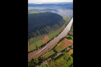 Aerial view of Forest on the Busigberg near Großheubach above the Main valley in Großheubach in the state Bavaria, Germany