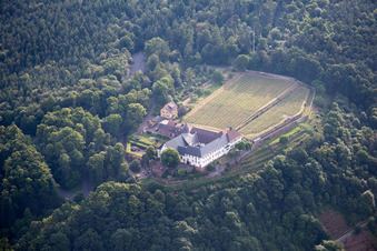 Aerial view of Complex of buildings of the monastery Franziskanerkloster Engelberg in Grossheubach in the state Bavaria, Germany
