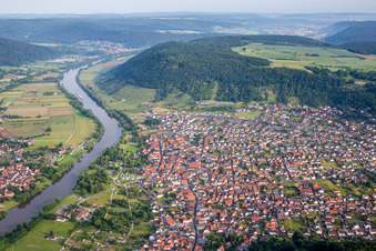 Aerial view of Village on the banks of the area Main - river course in Grossheubach in the state Bavaria, Germany