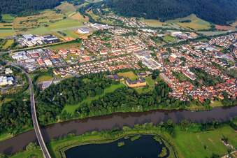 Aerial photograpy of Castle park with winery Prince Löwenstein, Châteauform' Castle Löwenstein in Kleinheubach in the state Bavaria, Germany