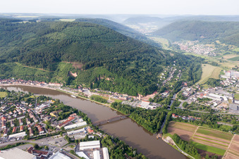 Railway bridge building to route the train tracks ueber den Main in Miltenberg in the state Bavaria, Germany