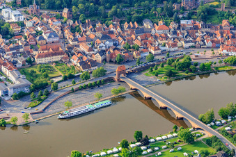 Aerial view of Motorhome parking space Miltenberg and campsite "MainCamping" Miltenberg on the banks of the Main and Main Bridge to Miltenberg's old town in Miltenberg in the state Bavaria, Germany