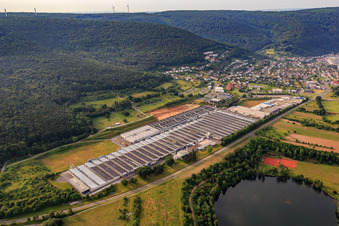 Aerial view of Rauch Furniture Works GmbH in Freudenberg in the state Baden-Wuerttemberg, Germany