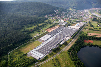 Aerial photograpy of Building and production halls on the premises of Rauch Moebelwerke GmbH in Freudenberg in the state Baden-Wurttemberg, Germany