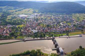 Aerial view of Hydroelectric power station Faulbach and Main lock Faulbach in Faulbach in the state Bavaria, Germany
