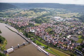 City center in the downtown area on the banks of river course of the Main river in Faulbach in the state Bavaria, Germany
