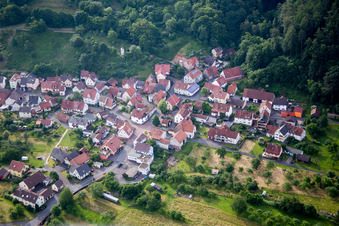 Aerial view of Village on the river bank areas of the Main river in the district Gruenenwoert in Wertheim in the state Baden-Wurttemberg, Germany